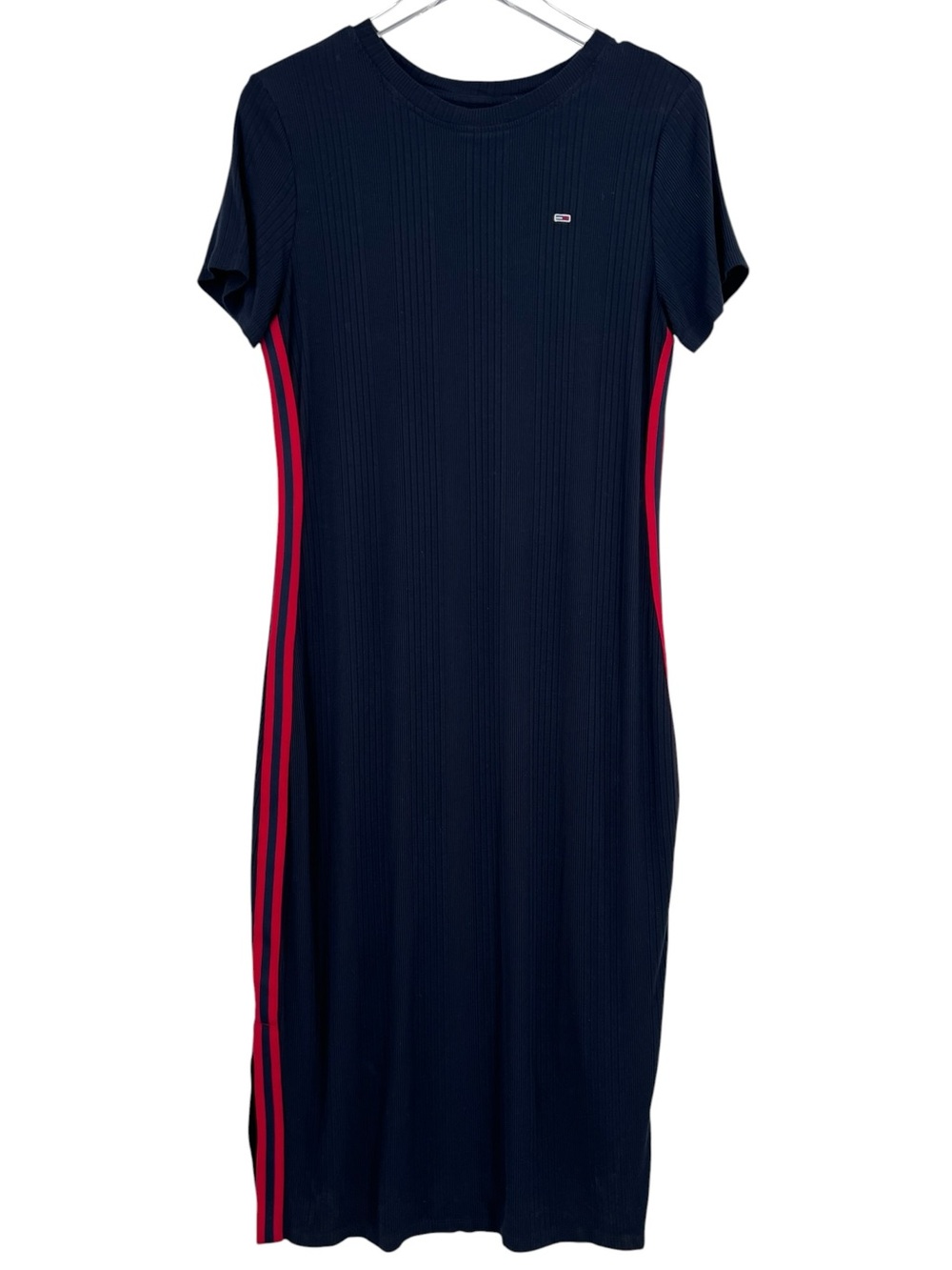 Tommy Jeans Rib Knit Midi Dress Large Navy Red Stripe Athleisure Y2K Casual